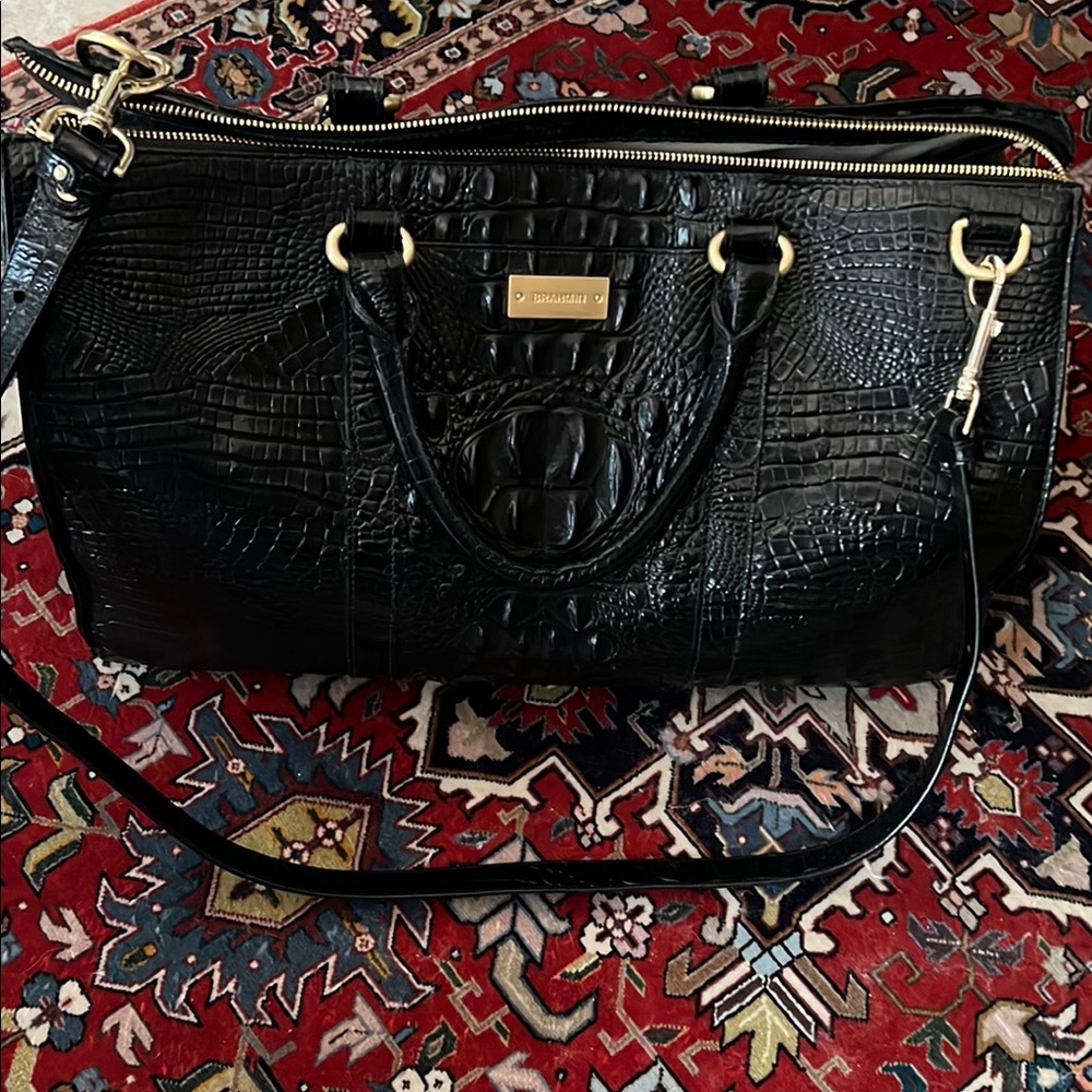 Brahmin Black Croc-Embossed Leather Satchel with Gold Hardware